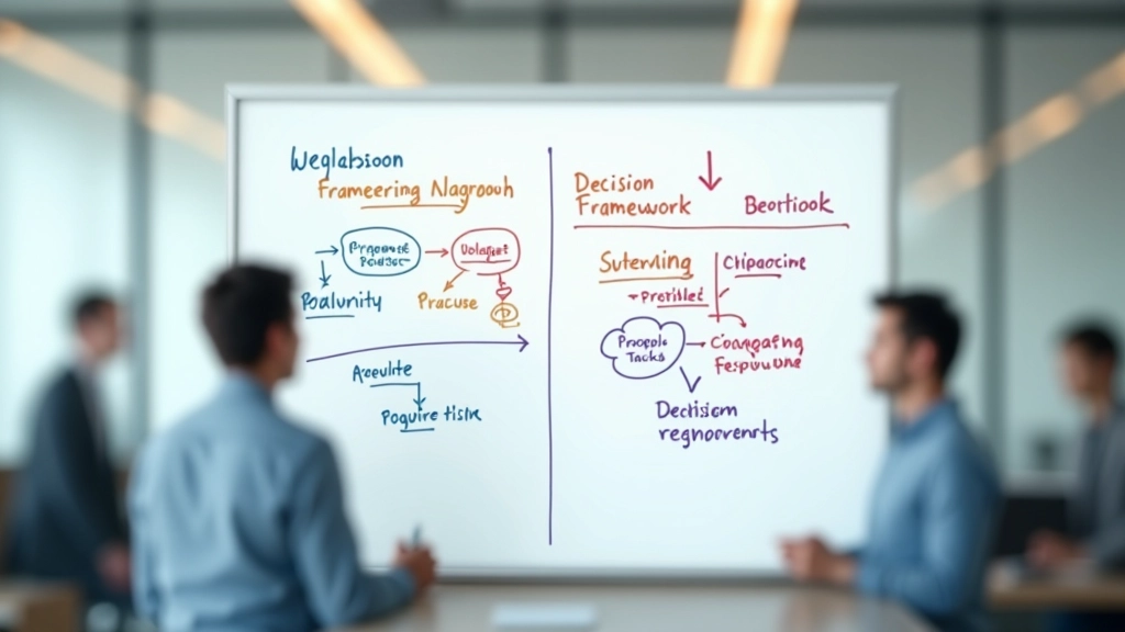Whiteboard with decision tree framework, multiple colored markers, and analytical process flow diagram in business meeting room