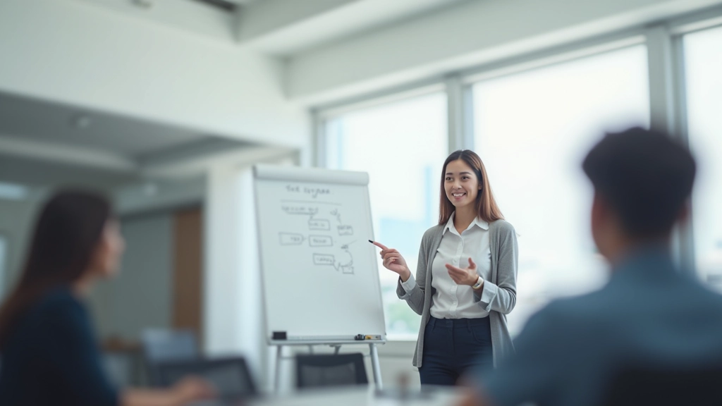 Woman presenting to team, standing confidently at whiteboard, engaged audience