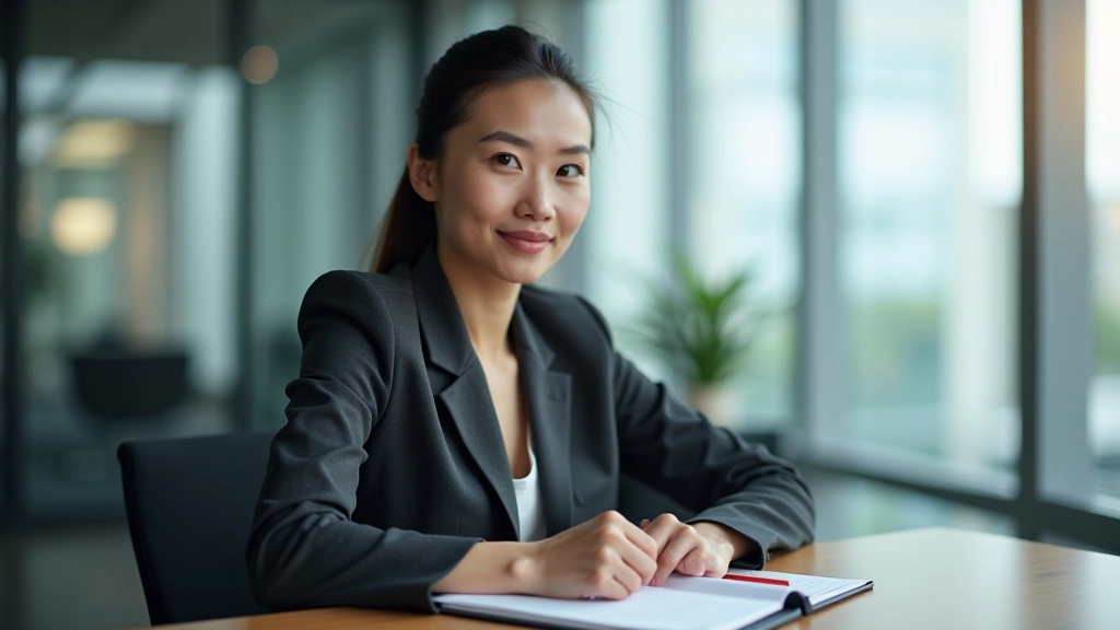 Professional woman in business meeting, confident posture, modern conference room setting