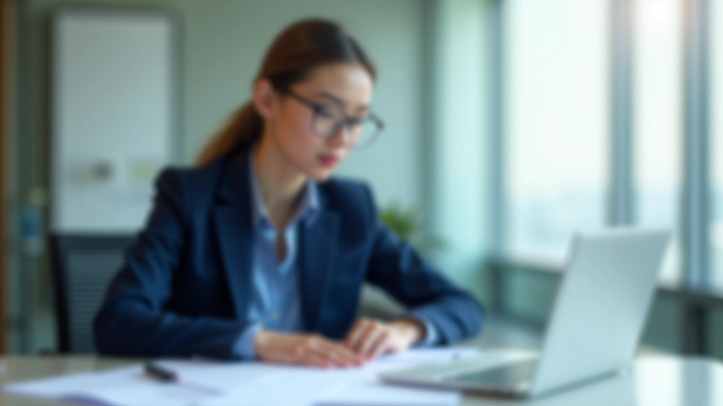 Professional woman in business attire analyzing data and strategy documents at modern workspace with organized desk